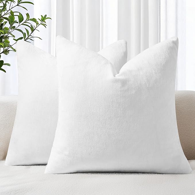 decorUhome Chenille White Throw Pillow Covers 16x16 Inch Set of 2, Decorative Soft Couch Pillow Covers Solid Dyed Accent Farmhouse Neutral Square Pillow Cases for Sofa