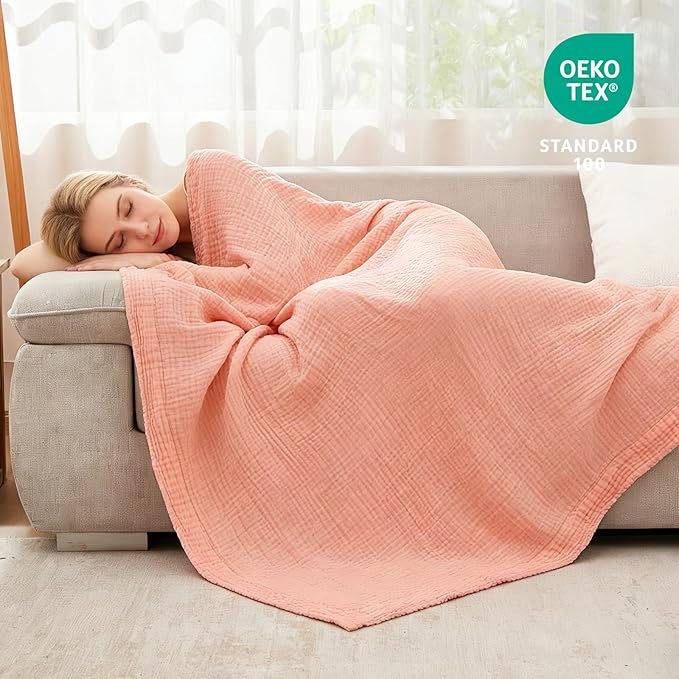 EMME Cotton Muslin Twin Blanket Breathable Gauze Soft Lightweight Adults Gifts for Women (Pink,60"x80")