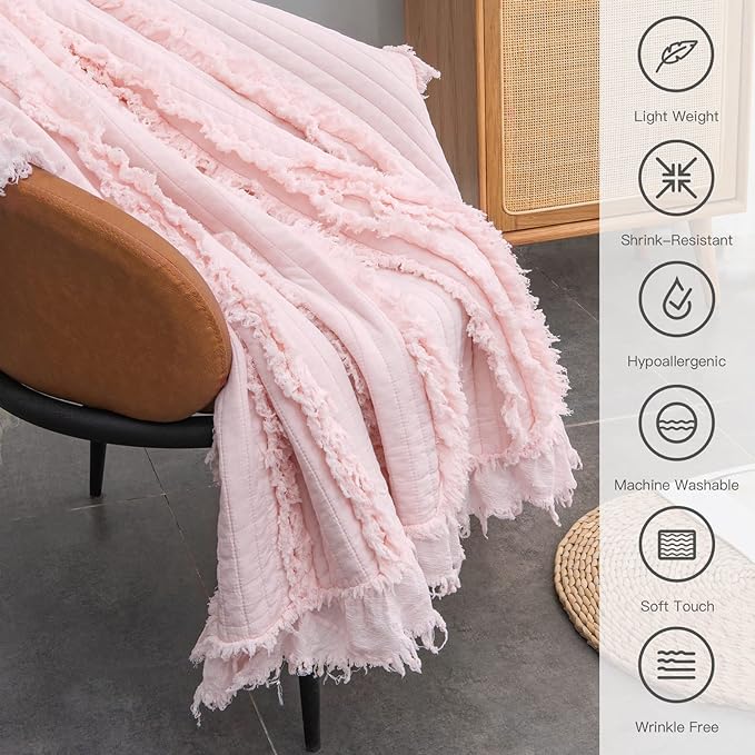 Ultra Soft Pre-Washed Quilted Boho Pink King Size Blankets for Bed, Ruffle Fringed Decorative Throw, Stone Washed Chic Rustic Blanket for Sofa Couch Bed, 104"*90"