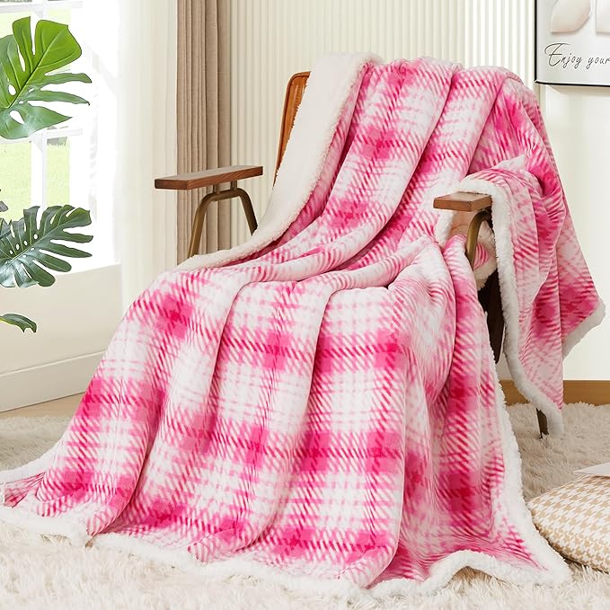 Touchat Sherpa Plaid Throw Blanket, 60" X 70" Fuzzy Fluffy Cozy Soft Blanket, Fleece Flannel Plush Twin Size Microfiber Blanket for Couch Bed Sofa, White&Pink