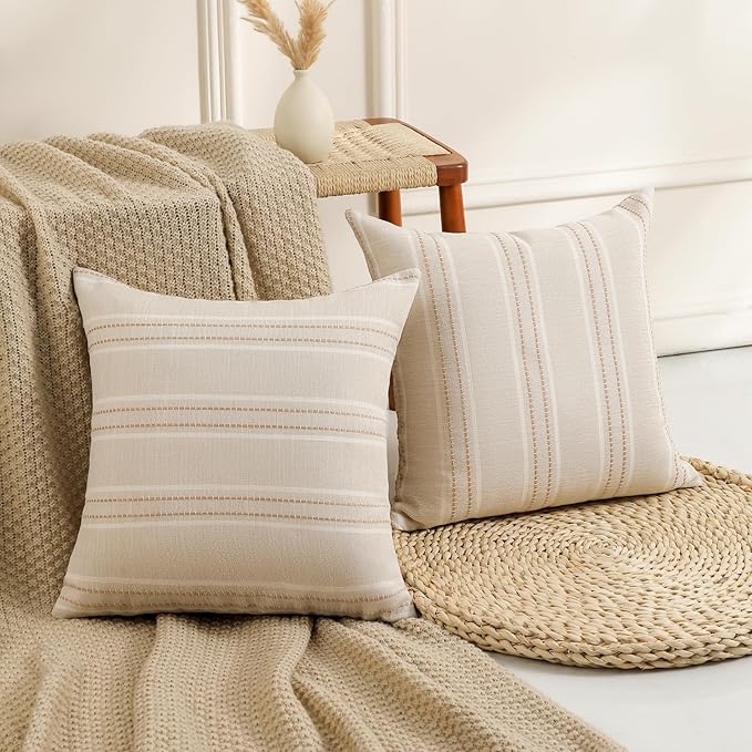 Hckot Hand Made Throw Pillow Covers 22x22 Set of 2 Striped Pillow Covers Linen Decorative Pillows Square Cushion Covers for Sofa Couch Bed Living Room Farmhouse Decor, Khaki