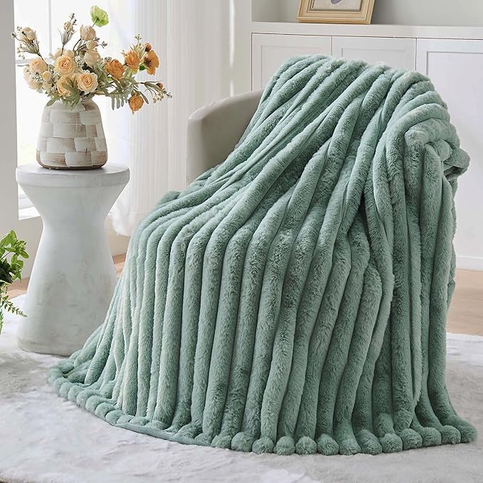 Lotus Karen Faux Fur Twin Blanket for Couch, Cozy Soft Fluffy Fuzzy Sage Green Blanket, Striped Warm Thick Furry Plush Shaggy Small Blankets for Women, 60x80 Inches