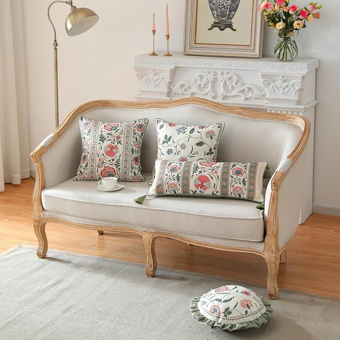 ISAENNE Design Square Retro Elegance Linen Throw Pillow Covers 18"x18" Pack of 2, Green Pink Floral Pattern Cushion Covers Decor Pillowcases for Bed,Living Room,Outdoor,Car