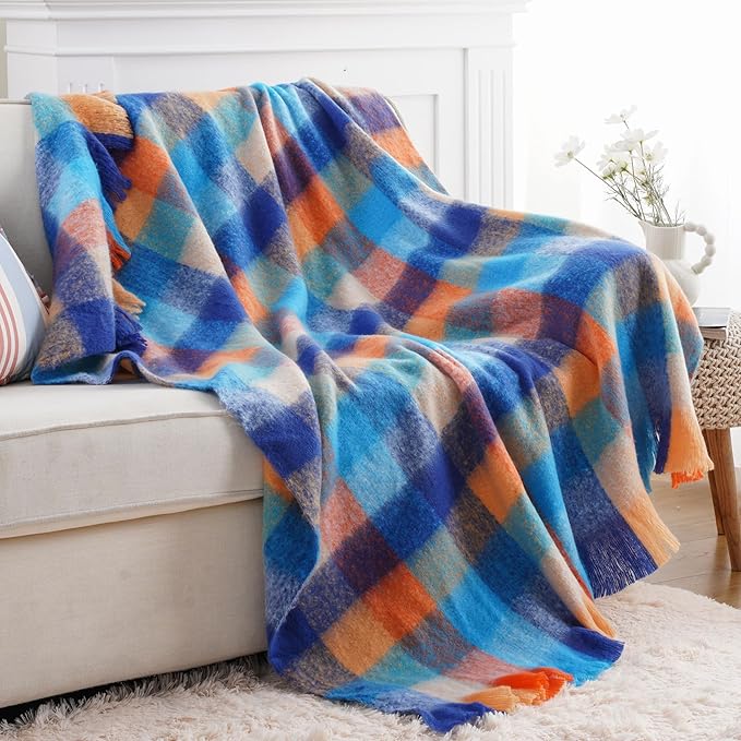 BATTILO Colorful Plaid Throw Blanket for Couch Bed, Fall Blue Plaid Throw Blanket with Vibrant Colors,Super Soft Cozy Cashmere Mohair Tartan Plaid Blanket for Fall Decor Home Decor(50"x60")