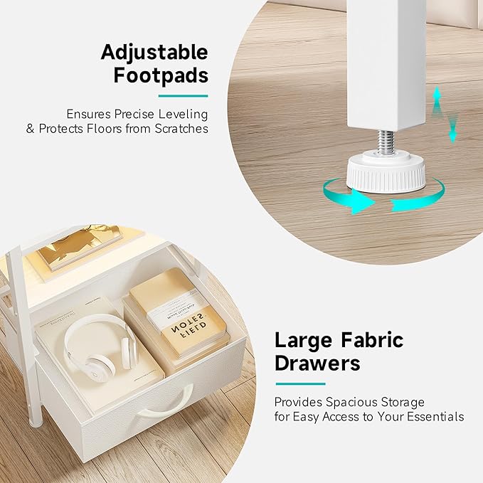 Night Stand Bedside Table Bedroom - White Nightstand with Charging Station & LED Light Strip, Morden Bed Side End Table with Storage Shelf & 2 Fabric Drawers, U-S-B Ports & AC Outlets