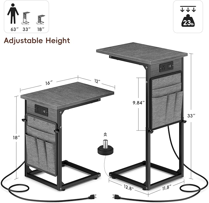 Vagusicc C Shaped End Table with Charging Station, C Table End Table Adjustable Height, Small Side Table for Couch, Sofa Table Slide Under Couch TV Tray Arm Table for Living Room, Bedroom, Gray Walnut