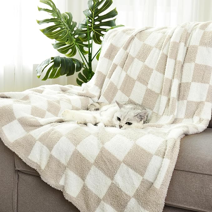 Checkered Throw Blanket, Taupe Soft Cozy Fluffy Knitted Throw Blankets for Couch, Sofa, Bed, Chair, Warm Fuzzy Travel Picnic Lightweight Plaid Blanket, 60x80 inches