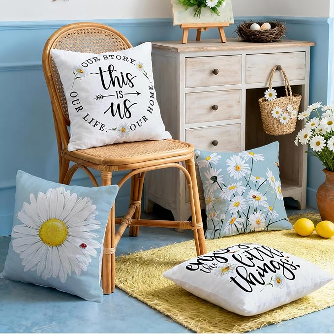 Hexagram Summer Spring Pillow Covers 18x18 Set of 4, Floral Daisy Outdoor Decorative Throw Pillow Covers, Blue Farmhouse Cushion Case for Couch Sofa Living Room Bedroom Home Indoor Decor(No Insert)