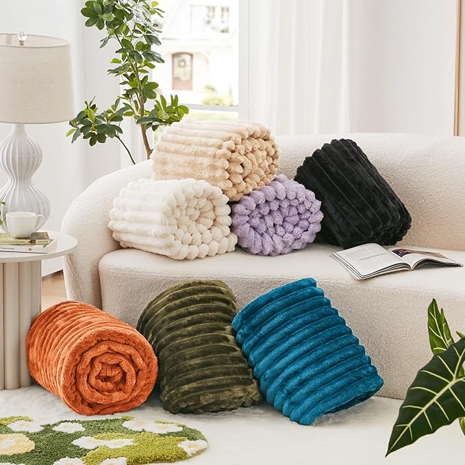 EXQ Home Fleece Throw Blanket for Couch or Bed - 3D Stripe Jacquard Decorative Blankets - Cozy Soft Lightweight Fuzzy Flannel Blanket Suitable for All Seasons(50"×60",Camel)
