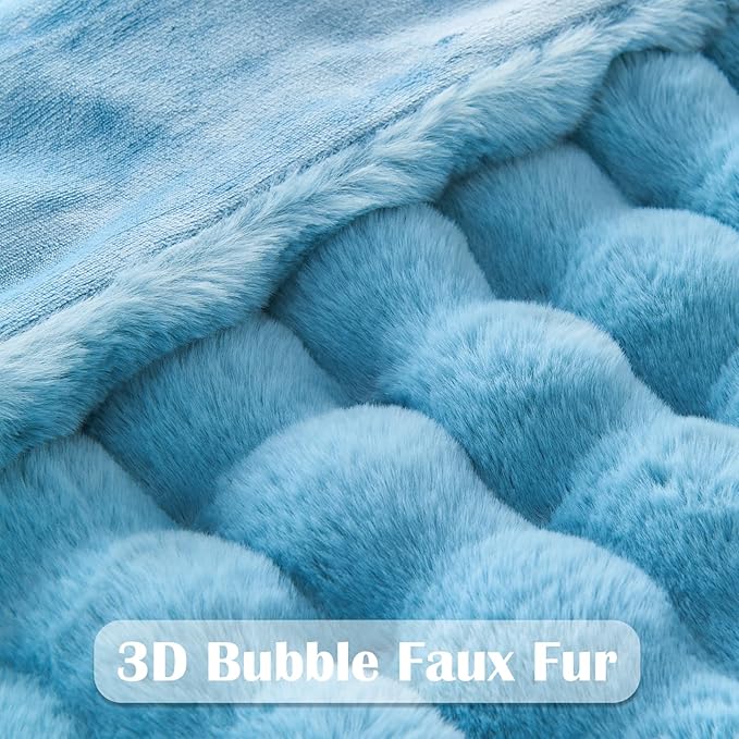 NEWCOSPLAY Faux Fur Throw Blanket Blue Luxury Fluffy Thick Warm Bubble Blanket for Couch Sofa Bed 1000GSM (Blue Bubble Thick, Throw(50"x60"))