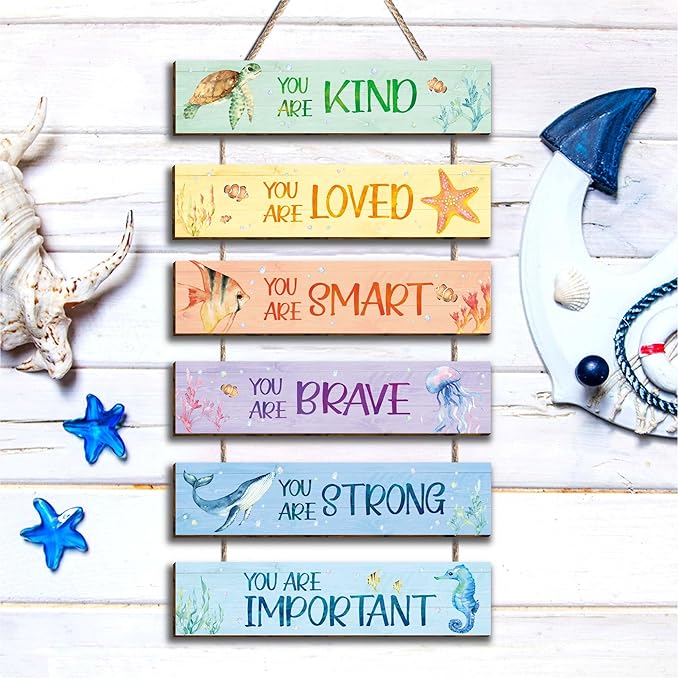 6 Pieces Ocean Decor Kids Room Decor, Watercolor Ocean Inspirational Wall Art Decor for Teens Children Bedroom Princess Toddler Room, Works of art Made of Wood, Works of Art of Wood, Placards of Woods