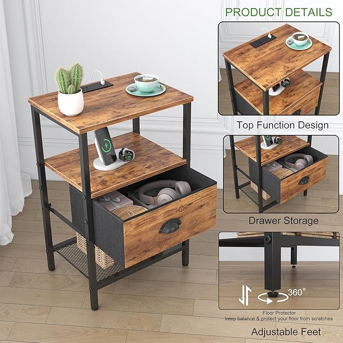 Nightstands Set of 2, Night Stands with Charging Station and Fabric Drawer, Bedside Tables with Drawers, 2- Tier Side Table with Open Shelf, Nightstands with Charging Station,Rustic Brown