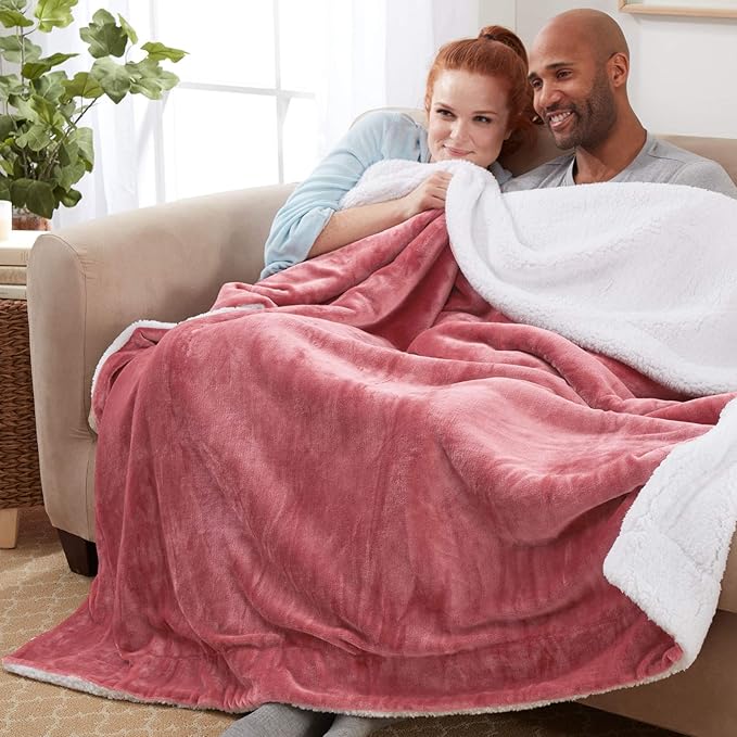 Genteele Sherpa Throw Blanket Super Soft Reversible Ultra Luxurious Plush Blanket, 102 x 90 inches, Light Mahogany/White