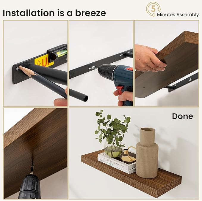 Fun Memories Rustic Wood Floating Shelves for Wall, Space-Saving Wall Mounted Shelves for Bathroom, Bedroom, Living Room and Kitchen, Stylish Storage & Display (Set of 2, Walnut, 24 in)