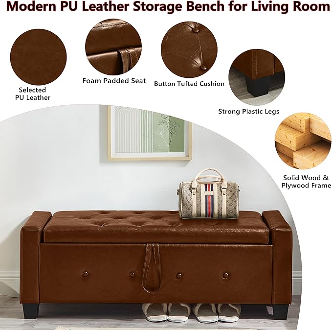 48" PU Leather Storage Ottoman Bench for Bedroom Bed End,Tufted Faux Leather Ottomans with Storage for Living Room,Bedside,Entryway,Modern Window Benches with Seating (PU Brown, 48")