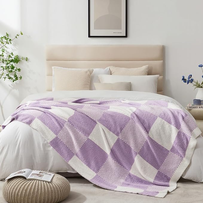 Snuggle Sac Checkered Blanket, Lilac Purple Throw Blanket for Couch Plaid Microfiber Fluffy Warm Cozy Fuzzy Soft Throw Blanket Reversible Checkerered Blankets for Sofa, Bed, 60x80 inches