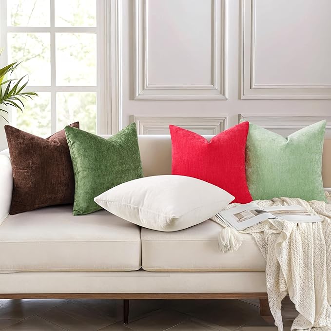 decorUhome Chenille Brown Throw Pillow Covers 18x18 Inch Set of 2, Decorative Soft Couch Pillow Covers Solid Dyed Accent Farmhouse Neutral Square Pillow Cases for Sofa