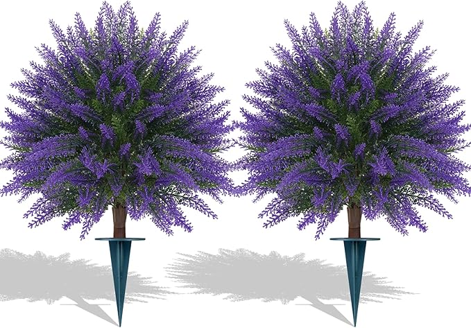 Artificial Lavender Topiary Ball, Set of 2 Artificial Boxwood Shrub Bushes with Ground Spike, Fake Evergreen Tree for Porch, Artificial Plants for Outdoor Planters Indoor UV Resistant