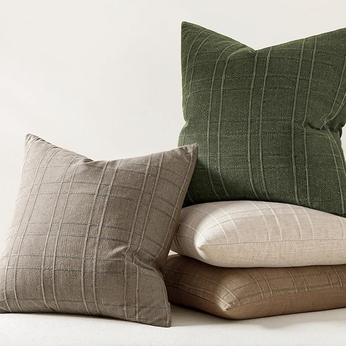 MIULEE Decorative Linen Check Throw Pillow Covers Neutral Farmhouse Vintage Spring Pillow Covers 20x20 Set of 2 Boho Modern Home Decor for Sofa Couch Bedroom Cushion Dark Olive Green