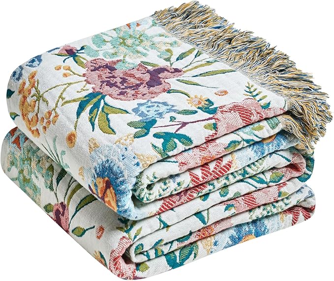Boho Throw Blanket for Couch Sofa Chair Cotton Spring Blankets for Bedroom Living Room All Season Lightweight Reversible Floral Embroidery Throws 50"x60"