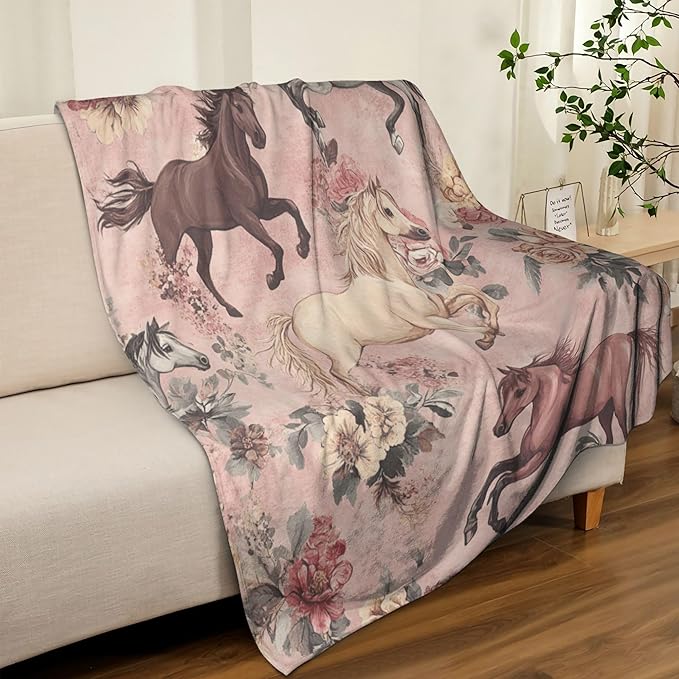 Horse Throw Blanket Soft Warm Cozy Horses Floral Blankets Fuzzy Plush Fleece Horse Blanket Gifts for Couch Bed Sofa Home Decor 40''X50''