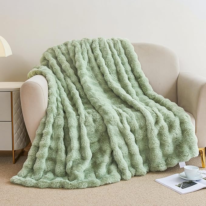 Faux Rabbit Fur Throw Blanket for Couch, Fluffy Warm Plush Thick Bubble Blanket for Bed Sofa Living Room, Soft Cozy Furry Blanket, 60x80 inches, Sage Green