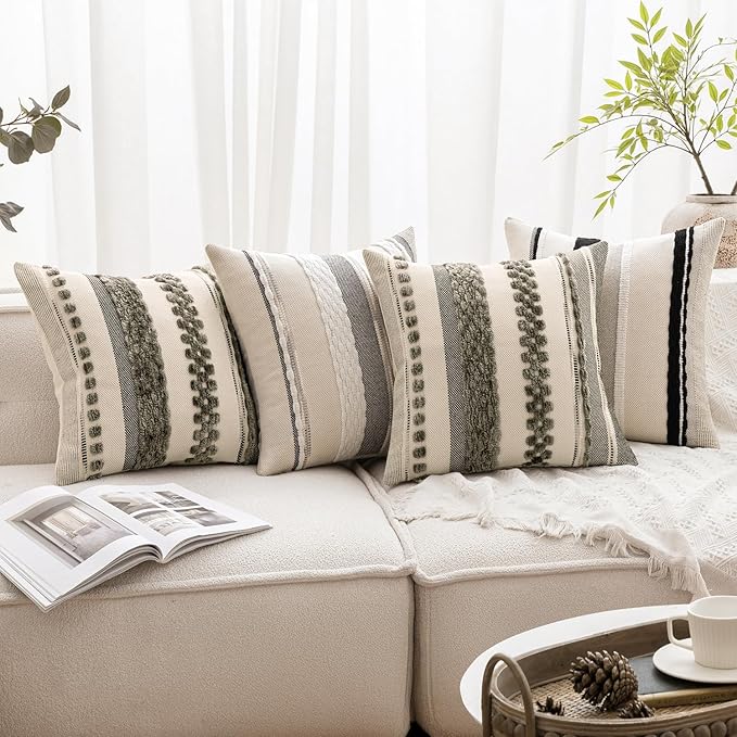 ANRODUO Pack of 2 Boho Decorative Throw Pillow Covers 20x20 Farmhouse Cushion Case Striped Chenille Pillow Cases Square Pillow Covers Accent Neutral Pillowcase for Sofa Couch Bed, Black-White Stripe 2