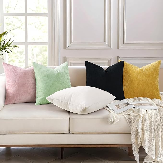 decorUhome Chenille Black Throw Pillow Covers 22x22 Inch Set of 2, Decorative Soft Couch Pillow Covers Solid Dyed Accent Farmhouse Neutral Square Pillow Cases for Sofa