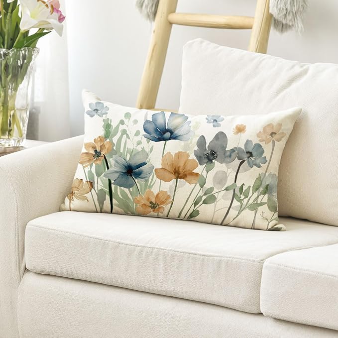 AVOIN colorlife Poppy Flowers Chinoiserie Spring Throw Pillow Cover, 12 x 20 Inch Light Brown Blue Seasonal Leaves Cushion Case Decoration for Sofa Couch Farmhouse