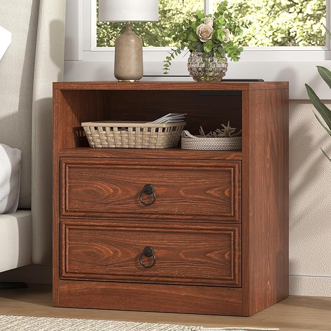 Farmhouse Nightstand with Charging Station, 21.7" Wide End Table with 2 Drawers & Open Compartment, Cherry Wood Side Table, Bedside Table for Bedroom, Living Room, Sofa