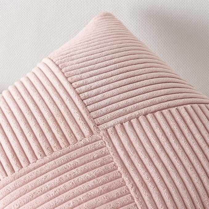 Topfinel Set of 2 Pink Decorative Yellow Throw Pillow Covers 12x12 Inch, Soft Corduroy Pillow Covers Windmill Textured Striped Patchwork Cushion Cases for Couch Sofa Bed Cute Aesthetic Home Decor