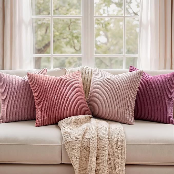 EMEMA Aesthetic Pink Decorative Throw Pillow Covers for Couch Bed Livingroom 20x20 Inch Set of 4 Cute Coquette Corduroy Boho Square Pillow Case,Western Modern Cushion Covers Home Spring Decor