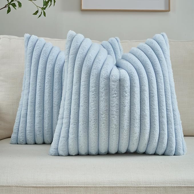 FUTEI Light Blue Decorative Throw Pillow Covers Set of 2, 26x26 Inch Soft Fluffy Faux Fur Plush Striped Euro Pillow Shams, Modern Home Decor for Couch Bed Living Room