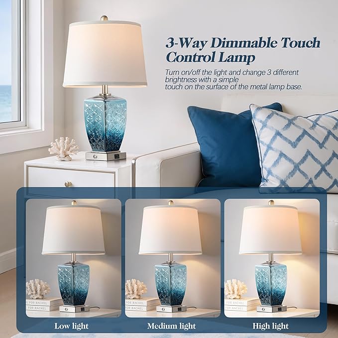 QiMH Glass Table Lamps for Living Room, Modern Bedside Lamps for Night Stands with USB A+C Ports, 3-Way Dimmable Touch Lamp for Bedroom Set of 2 with White Linen Shade Home Decor, Blue