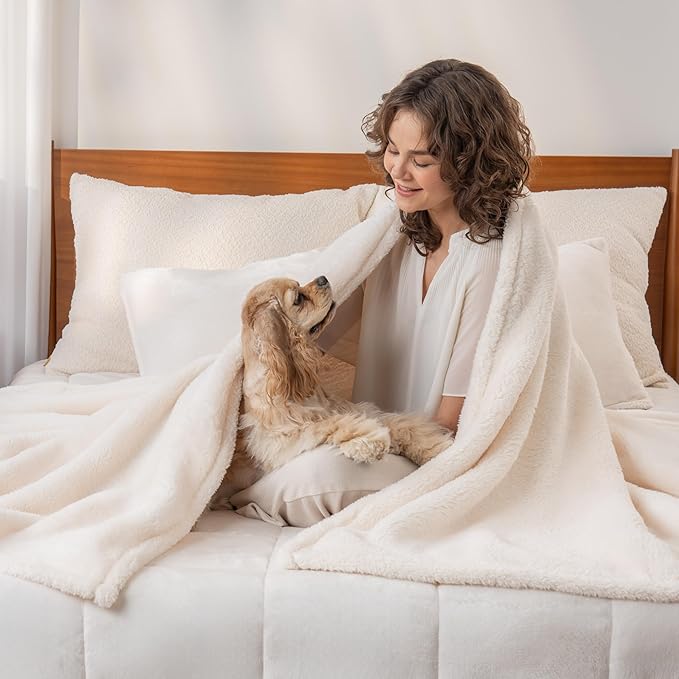 Berkshire Blanket Classic Extra-Fluffy™ Plush Blanket Queen Size, Soft Fuzzy Fluffy Long Hair Blanket for Couch Sofa Bed, Cream, 90x90 Inches