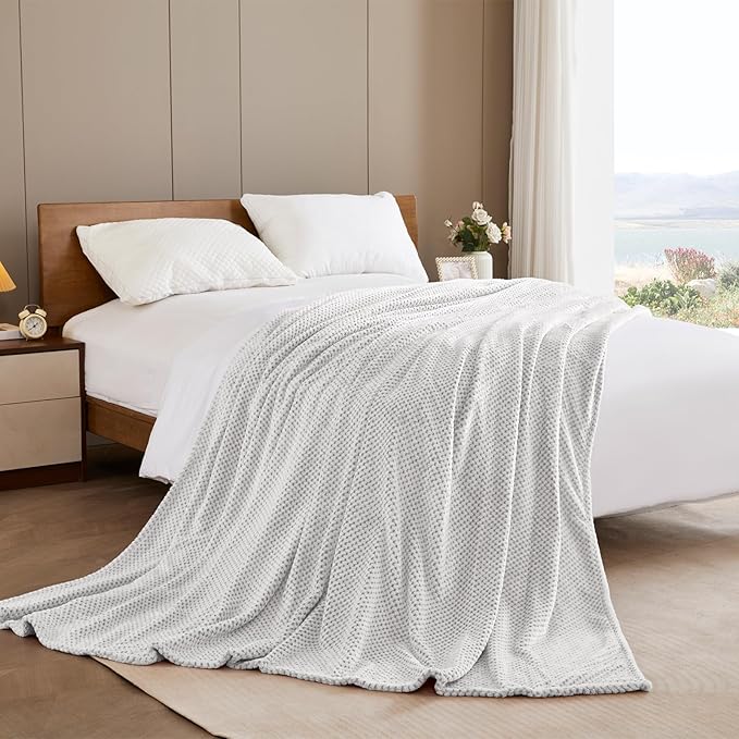 Exclusivo Mezcla Fleece Bed Blanket Queen Size, Super Soft and Warm Blankets for Couch, Sofa and Bed Waffle Textured, Cozy, Fuzzy and Lightweight (Heather Light Grey, 90x90 Inches)