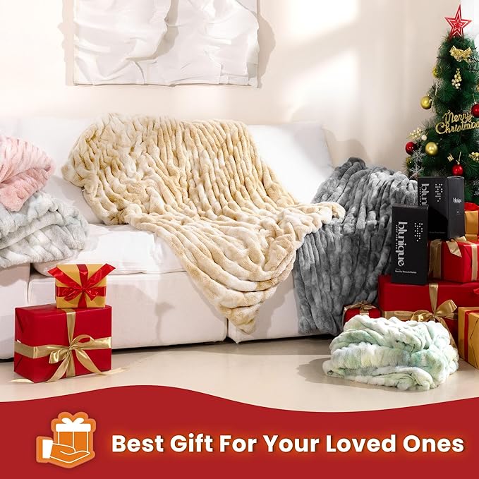 Ultra Soft Faux Rabbit Fur Throw Blanket, Cozy Fuzzy Blanket for Couch Bed, Plush Warm Decor Gifts, Luxury Thick Fluffy Blanket for Women & Men, 60x80 inches, Tie-Dyed Khaki