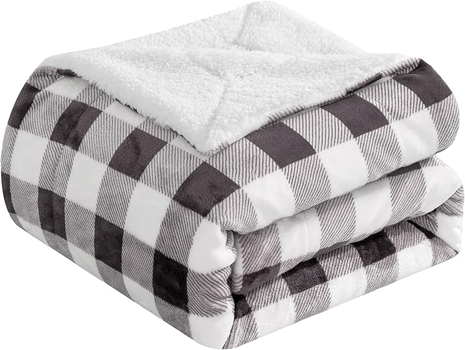 Elegant Comfort Luxury Ultra-Plush Velvet Touch Buffalo Plaid Fleece Throw - Soft, Warm, Cozy Micromink Sherpa-Backing Reversible Blanket for Bed, Sofa and Couch, Buffalo Gray