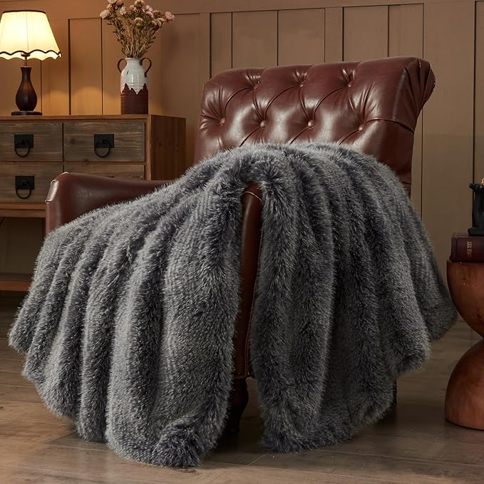 NEWCOSPLAY Faux Fur Throw Blanket Black White Luxury Fluffy Thick Warm Blanket for Couch Sofa Bed 1000GSM (Black White Thick, Throw(50"x60"))