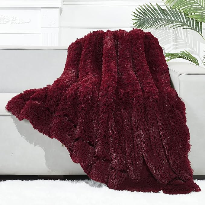 GONAAP Fuzzy Faux Fur Throw Blanket Twin Size Wine Red Super Soft Cozy Plush Fuzzy Shaggy Blanket for Couch Sofa Bed (Wine Red, Twin(60"x80"))