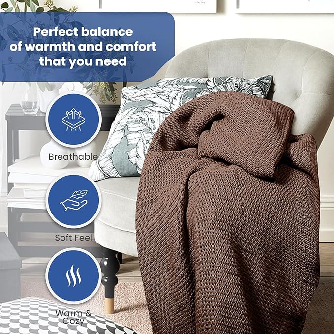 Linteum Textile Supply Leno Weave Chocolate Blanket, Queen 100% Cotton, Lightweight, Warm, Fluffy, Premium and Durable Soft & Cozy Bed Blanket for Home, Couch, Sofa & Dorm, All Season Throw [90x90]