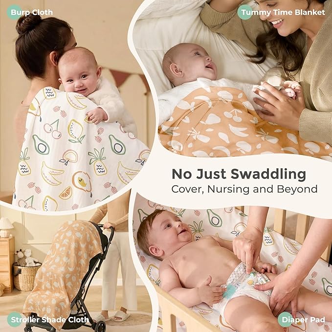 Momcozy Muslin Swaddle Blankets, 4-Pack Breathable and Skin-Friendly Receiving Blankets, Best Wishes Swaddle Blanket Shower Gifts & Baby Registry Essentials, Large 47"x47", Fruits Party