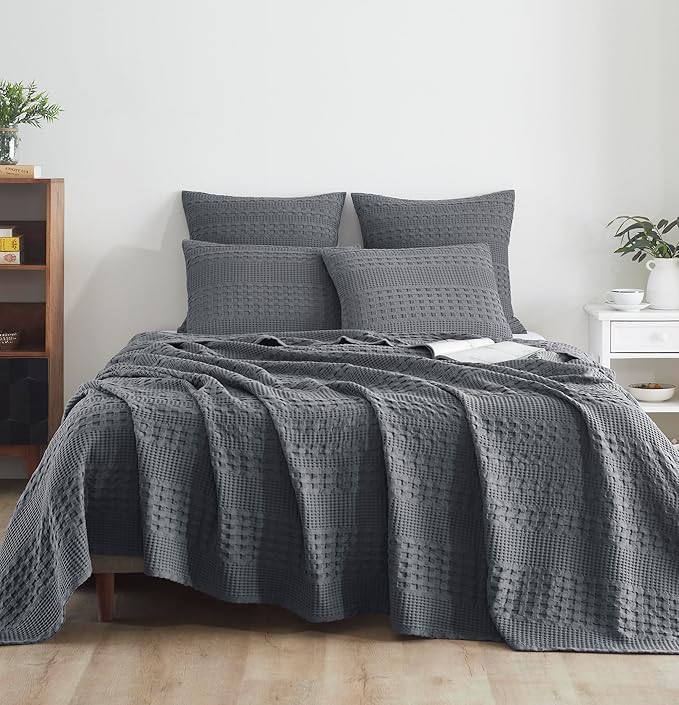 VHC Brands 100% Cotton Waffle Weave Twin Blanket 66"x90", Decorative Lightweight Spring and Summer Throw Blanket, Bedroom Decor for Bed, Couch, or Sofa, Dark Grey