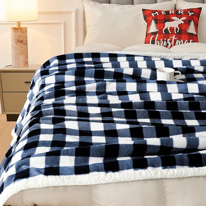 BEAUTEX Sherpa Fleece Throw Blanket, Super Soft Warm Buffalo Plaid Plush Blankets and Throws, Lightweight Cozy Fuzzy Blanket for Couch Sofa Bed (NavyBlue, 50" x 60")