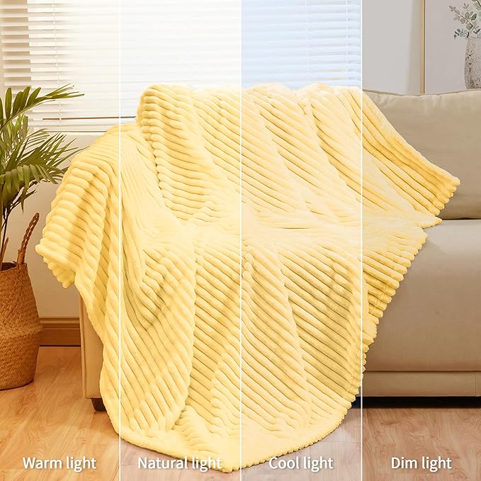 Bnuitland Light Yellow Fleece Throw Blanket 90"x108",300GSM Large Big Soft Cozy Warm Lightweight Stripe Pattern for Bed Sofa Home Decor,Suitable for Adults Family All Season