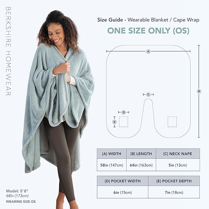 Berkshire Blanket Primalush™ Wearable Blanket, Cozy Loungewear Pocketed Plush Cape Wrap for Adults & Teens(Hazy Sky Blue, One Size 58"X64")