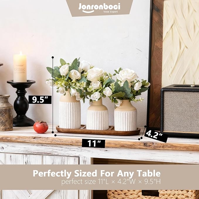 Set of 3 Artificial Flowers in Ceramic Vases with Wood Tray - Modern Minimalist Nordic Boho Farmhouse Dining Table Centerpiece Decor for Kitchen Island, Living Room Coffee Table,Tabletop(Beige White)