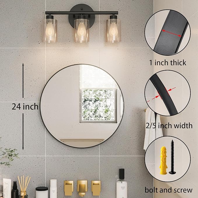 Growsun Black Round Mirror 24 inch, Wall Mounted Circle Mirror, Metal Framed Mirror for Bathroom Vanity, Bedroom Home Decor Mirros, 2 Pack