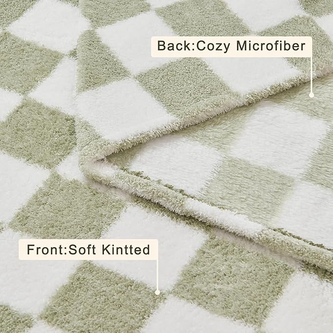 EMME Checkered Knit Blanket Soft Fluffy Patterned Throw Blankets for Couch, Sofa, Chair, Bed, Camping, Picnic, Travel Sage Green 50"x60"
