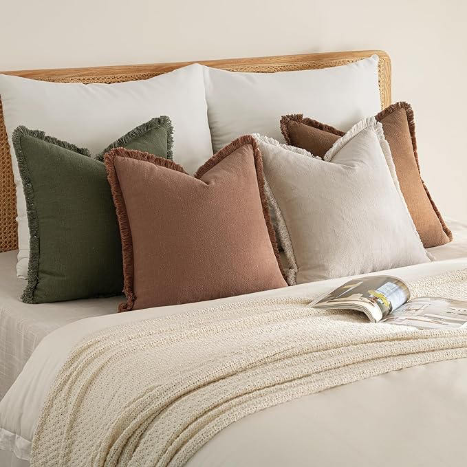 MIULEE Decorative Couch Pillow Covers Neutral Linen Fringe Throw Pillows Set of 4 Soft Rustic Cushions Boho Farmhouse Pillowcases for Bed Sofa Living Room Spring Decor 24x24 Inch Beige/Brown/Green